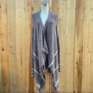 onetheland Open Knit Cardigan Purple Fringe Wrap